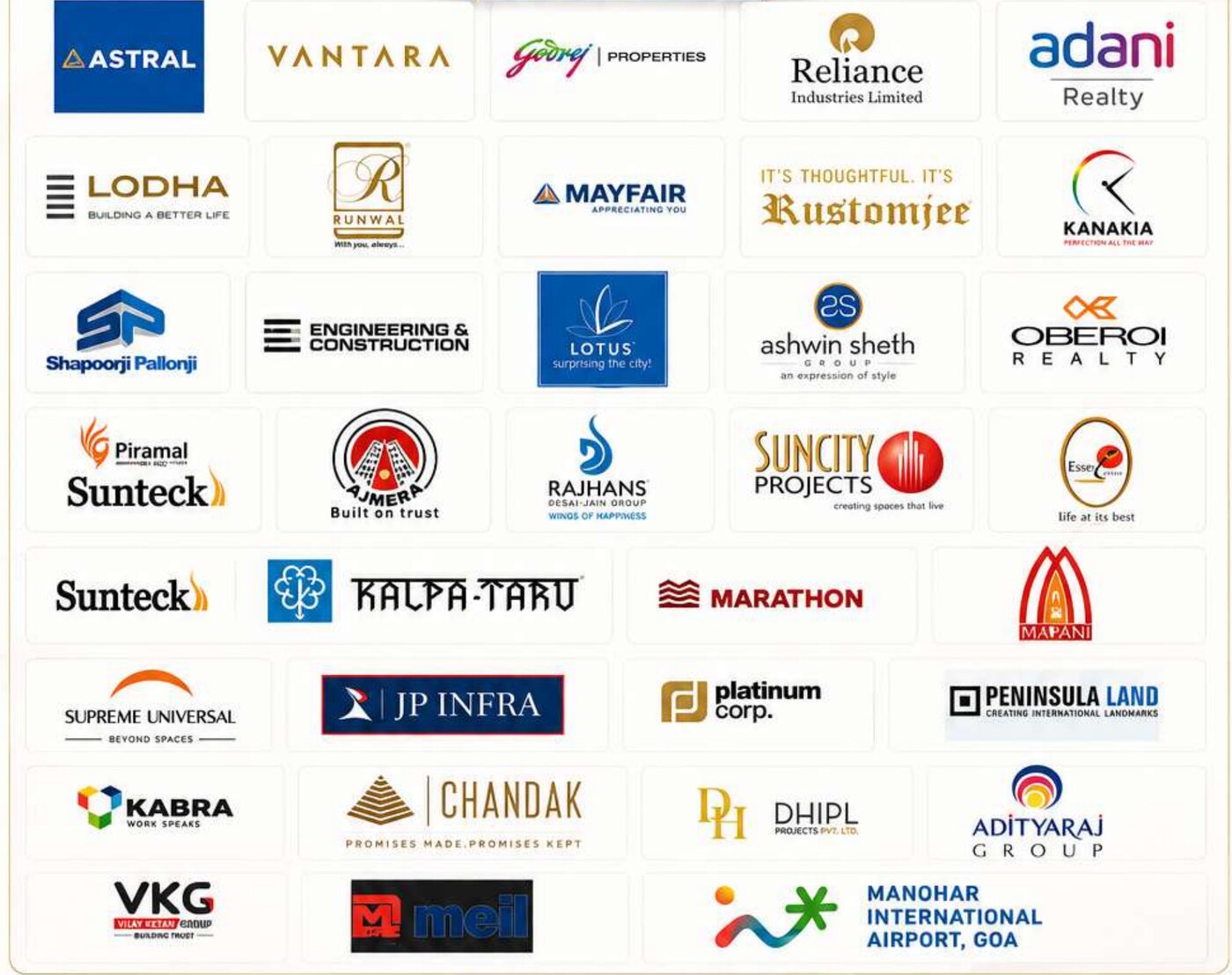 Private sector clients including Adani Realty, Reliance, Lodha, Godrej Properties, Oberoi Realty and more